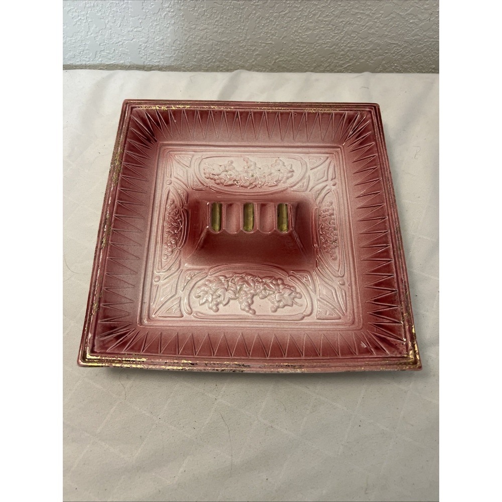 Vintage Square Pink Gold Ceramic Ashtray 9.5 X 9.5 MCM Gorgeous Design Two Tone‎